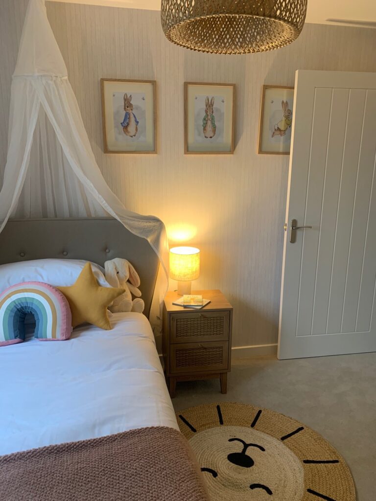 Kids’ bedroom styled with coordinated décor, textiles and playful accessories for DFAO showhome project in Southampton.