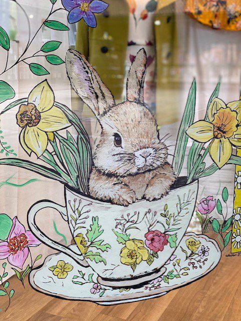 Colourful Easter‑themed window illustration created to drive footfall for small businesses.